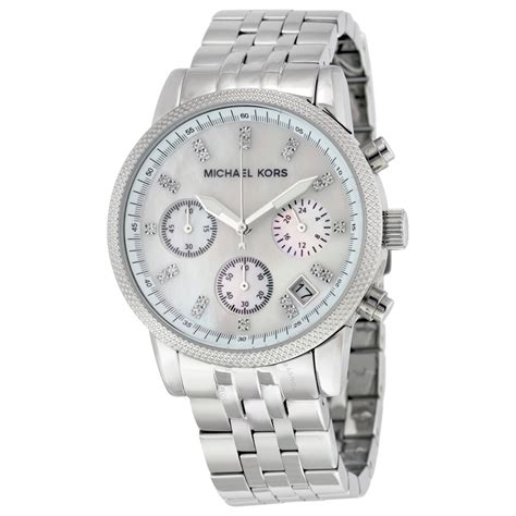 michael kors watches mother of pearl silver chrono with stones|michael kors ladies watches.